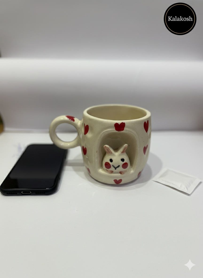 Handcrafted Ceramic Mugs for Home & Office Use | Eco-Friendly Clay Coffee & Tea Mug | Rustic Bunny Heart Design | Artisanal Gift for Loved Ones