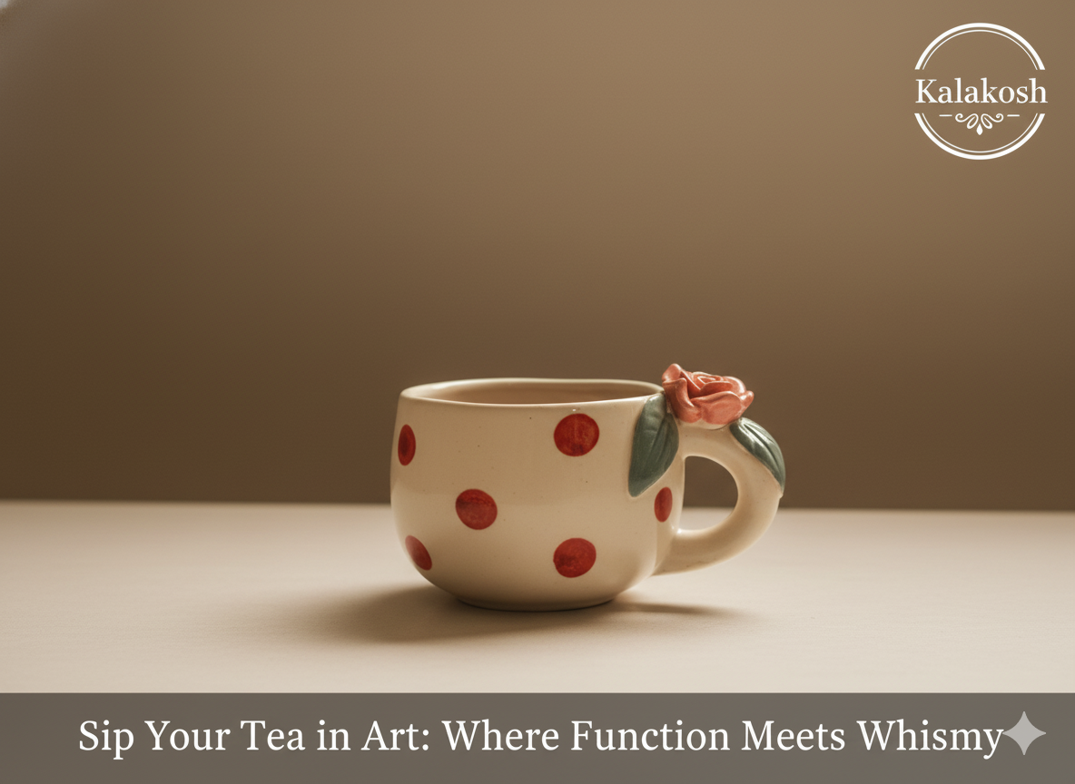 Charming Polka Dot Ceramic Coffee/Tea Mug with 3D Rose Handle | Unique Home Decor, Office Use & Gifting | Premium Stoneware Cup