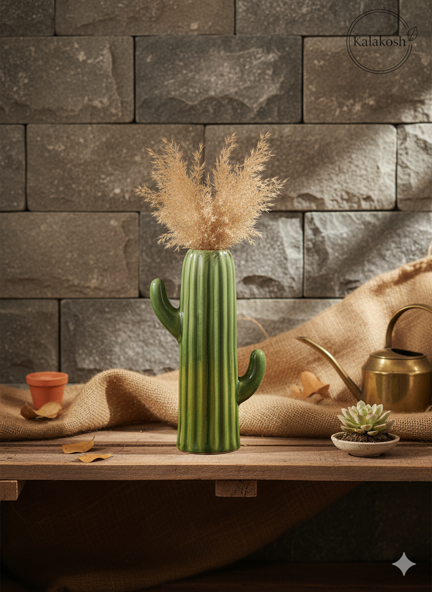 Handcrafted Ceramic Cactus Planter & Pen Holder for Desk, Home & Office Décor | Eco-Friendly Clay Pot & Stationary Organizer | Rustic Table Décor Gift