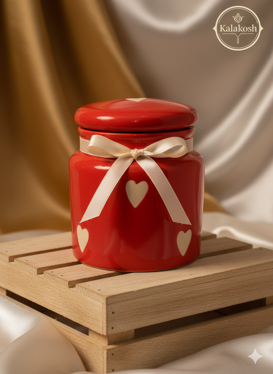Red Ceramic Jar/Pickle Container with Heart Design | Airtight Kitchen Storage | Home Decor Vase | Office Use | Premium Gifting