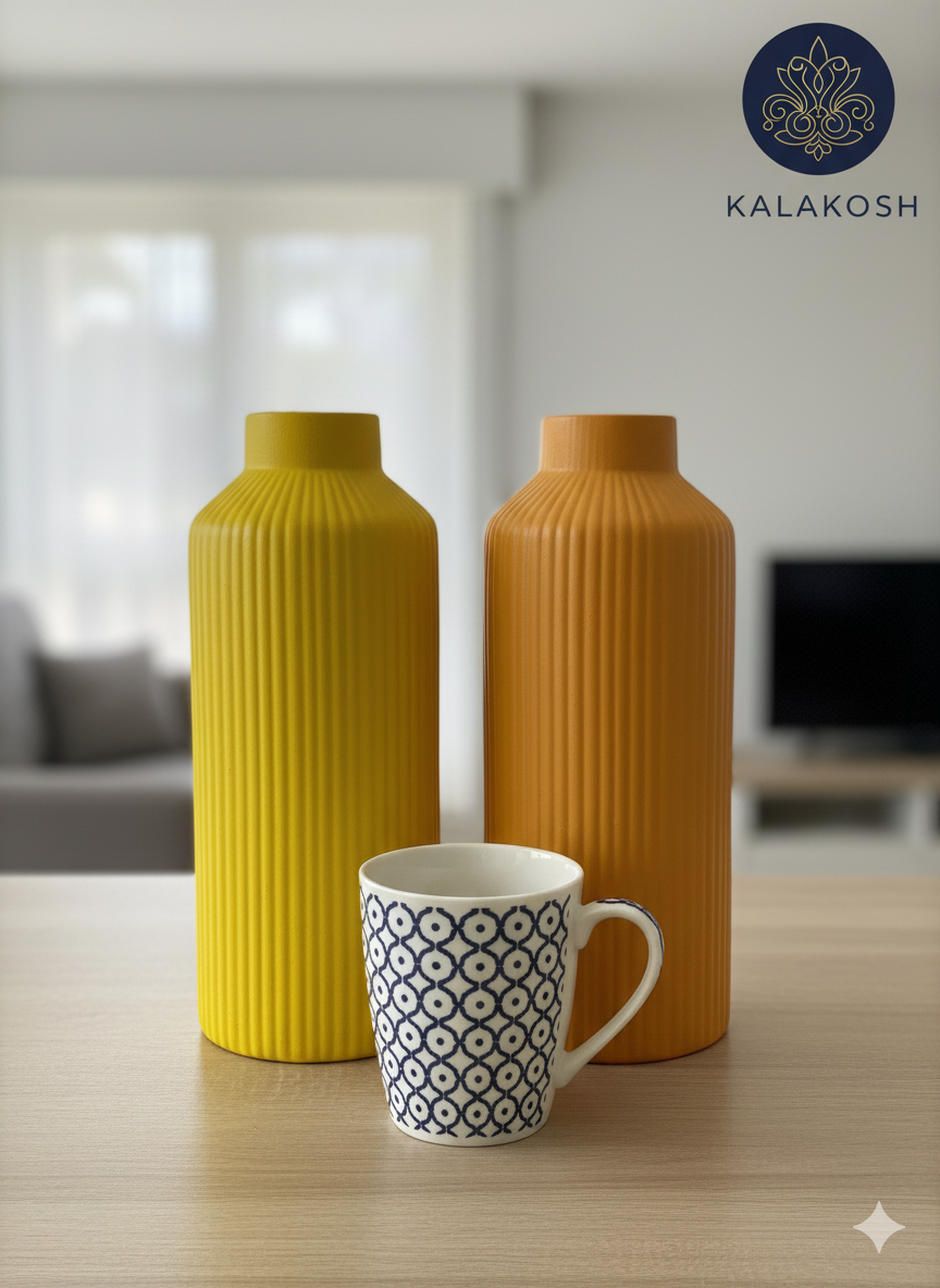 Premium Bottle Shape Home Decor Vase Combo | Yellow & Orange Ribbed Clay Vases for Living Room Table Decor, Home & Office Use, Aesthetic Gifting