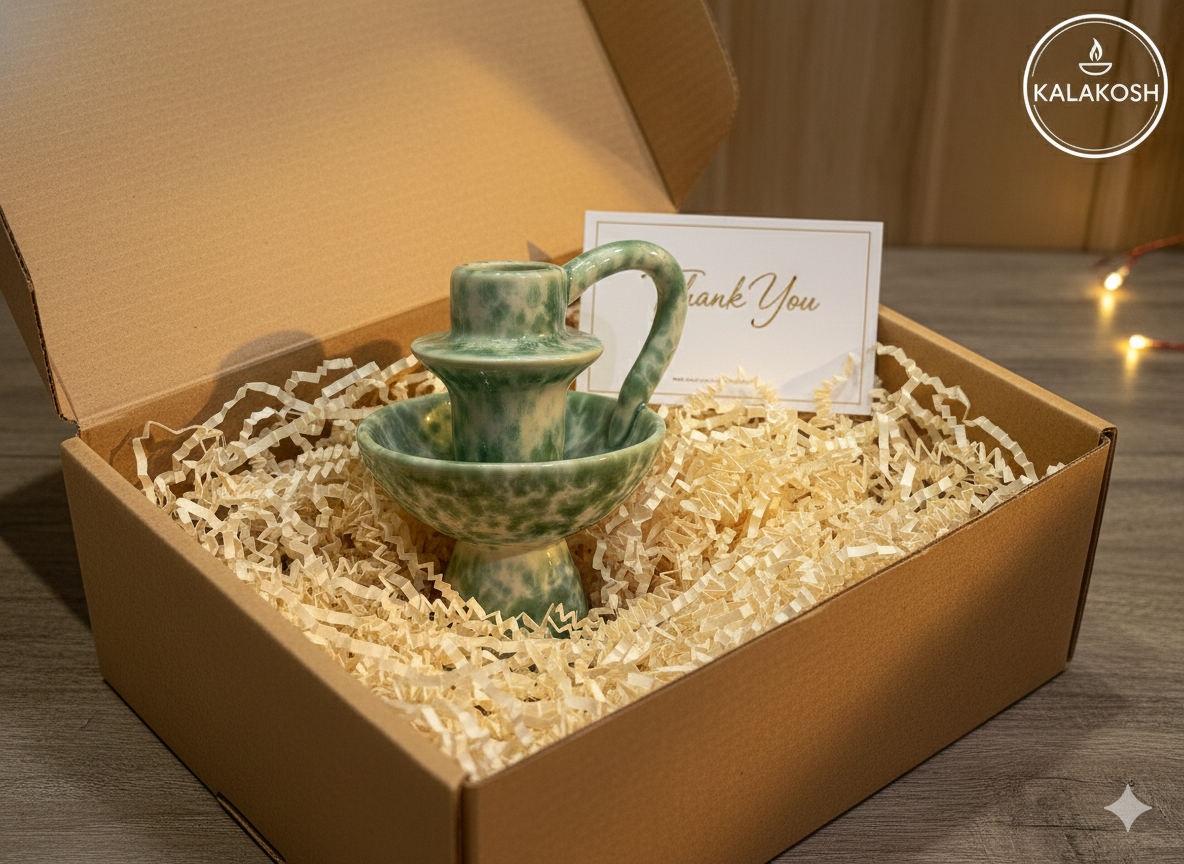 Premium Handcrafted Ceramic Candle Stand for Home Decor – Elegant Green Sponge Glazed Chamberstick with Handle for Living Room, Office Use, Festive Gifting & Aesthetic Home Decor Vase Accessory