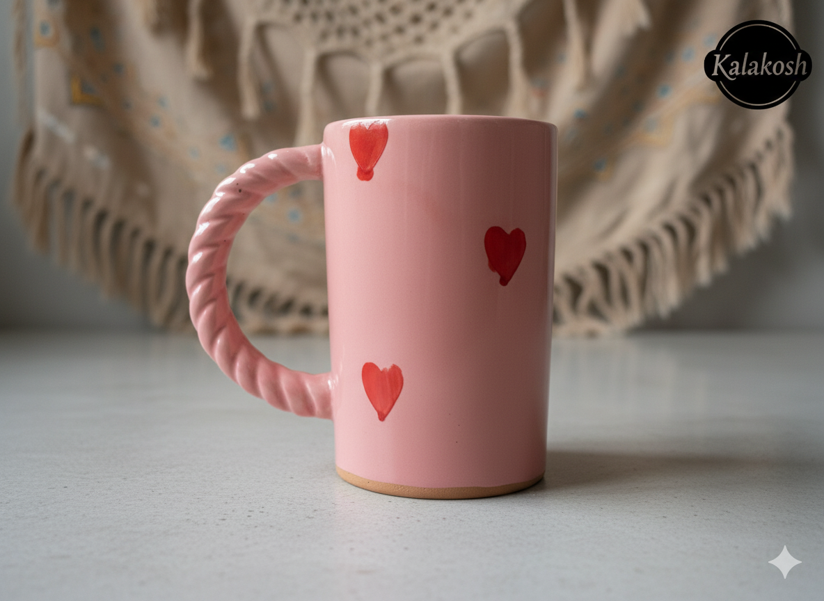 Aesthetic Pink Coffee Mug with Twisted Rope Handle - Ceramic Tea Cup for Home Decor, Office Use, Home Use, Valentine's Day Gift for Women, Girlfriend, Wife