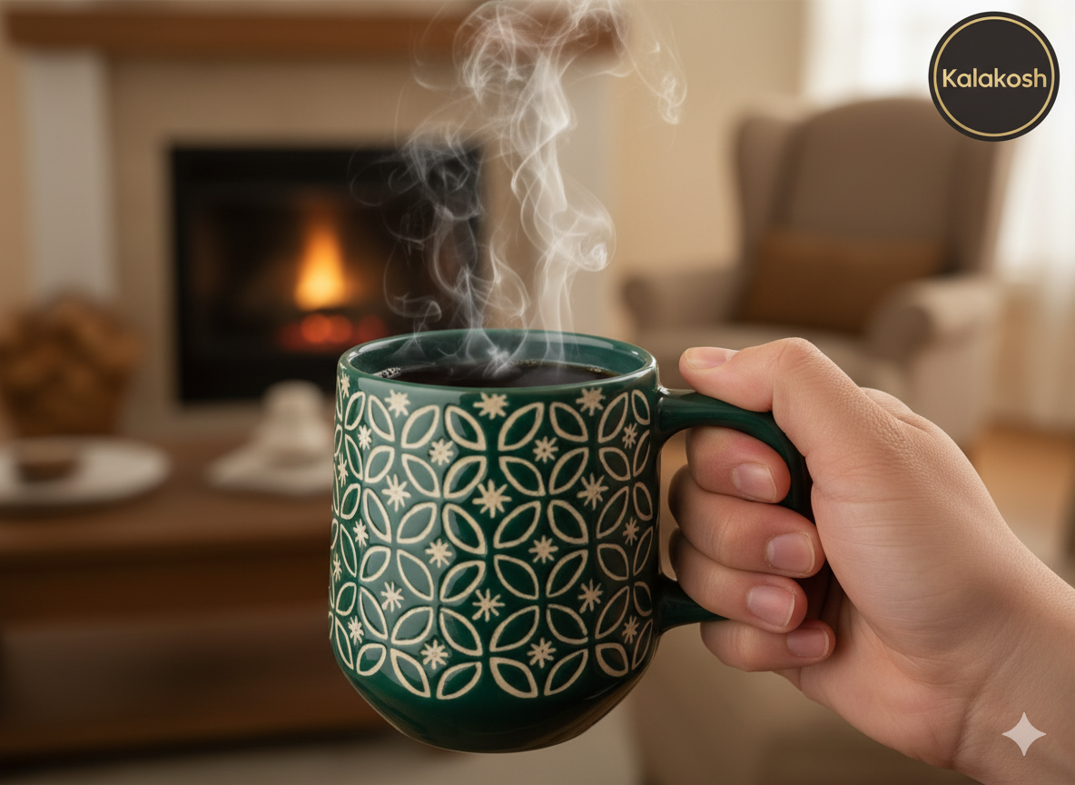 Premium Embossed Ceramic Coffee Mug (400ml) | Dark Green Home Decor Tea Cup | Stylish Office Use & Home Kitchen Beverage Drinkware