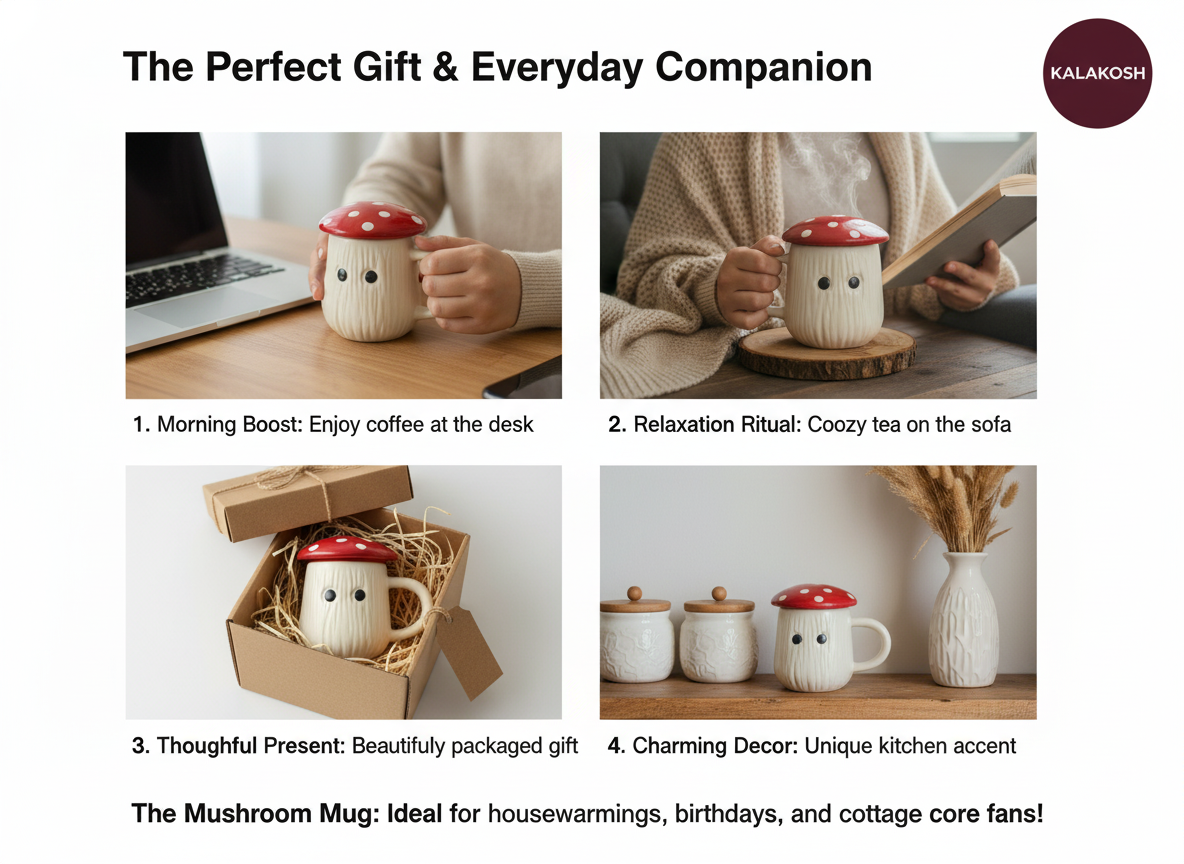 Handcrafted Ceramic Mushroom Coffee Mug with Lid | Eco-Friendly Clay Mugs for Home & Office Use | Unique Artisanal Tea Cup Gift