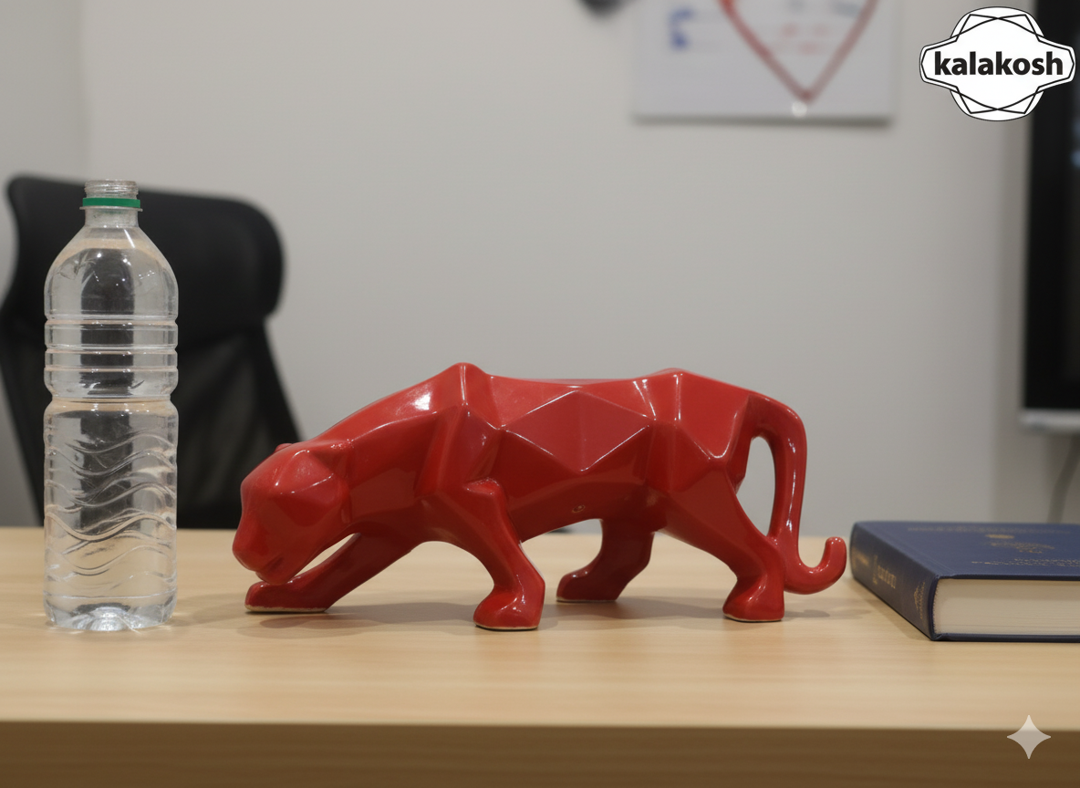 Geometric Panther Statue | Red Glossy Polyresin/Ceramic Showpiece | Modern Luxury Home Decor Accent | Ideal Gifting for Office Desk Living Room