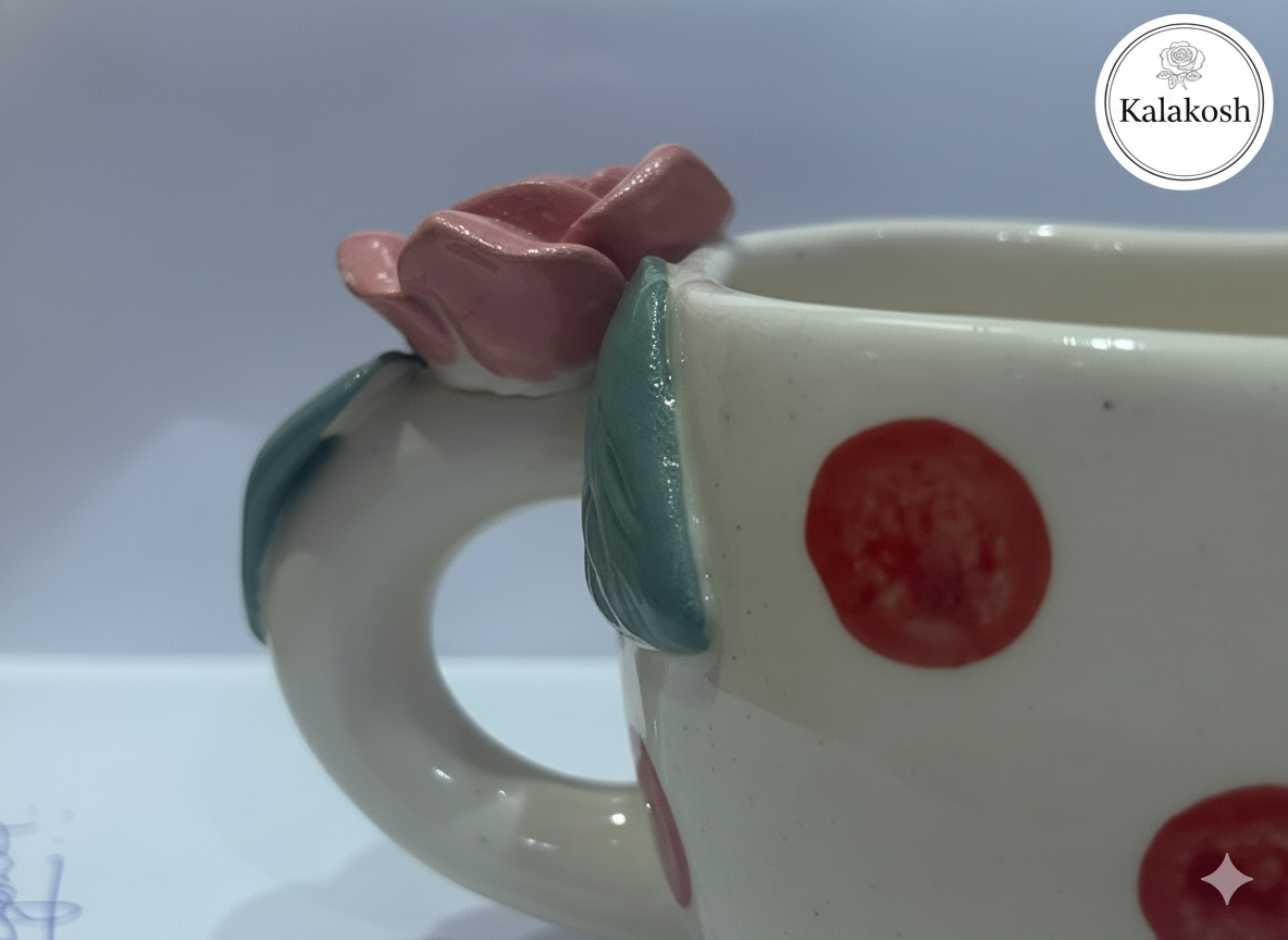 Charming Polka Dot Ceramic Coffee/Tea Mug with 3D Rose Handle | Unique Home Decor, Office Use & Gifting | Premium Stoneware Cup