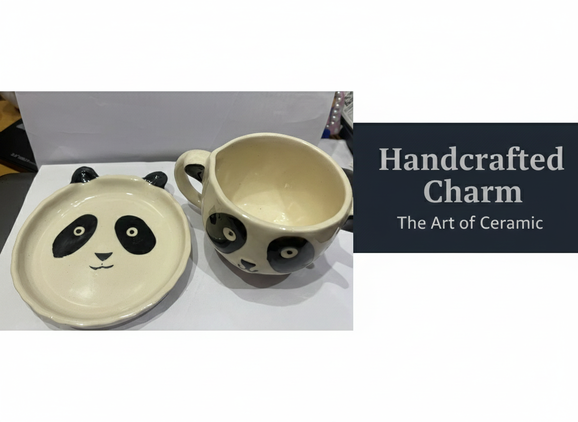 Handcrafted Panda Ceramic Coffee Tea Mug and Coaster Set | Cute Home Decor, Office Use | Unique Gifting