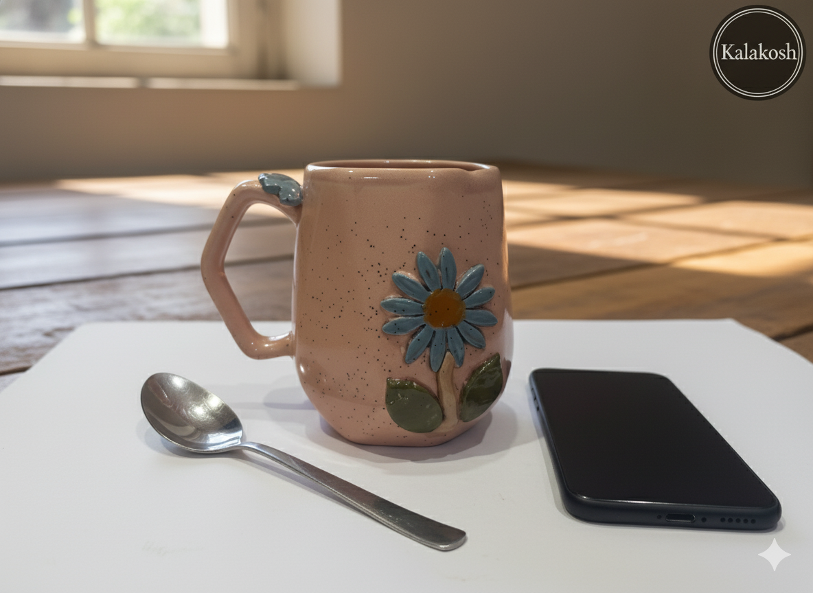 Handmade Speckled Ceramic Coffee Tea Mug | 3D Floral Home Decor Vase Style | Premium Clay Office Use Gift for Women