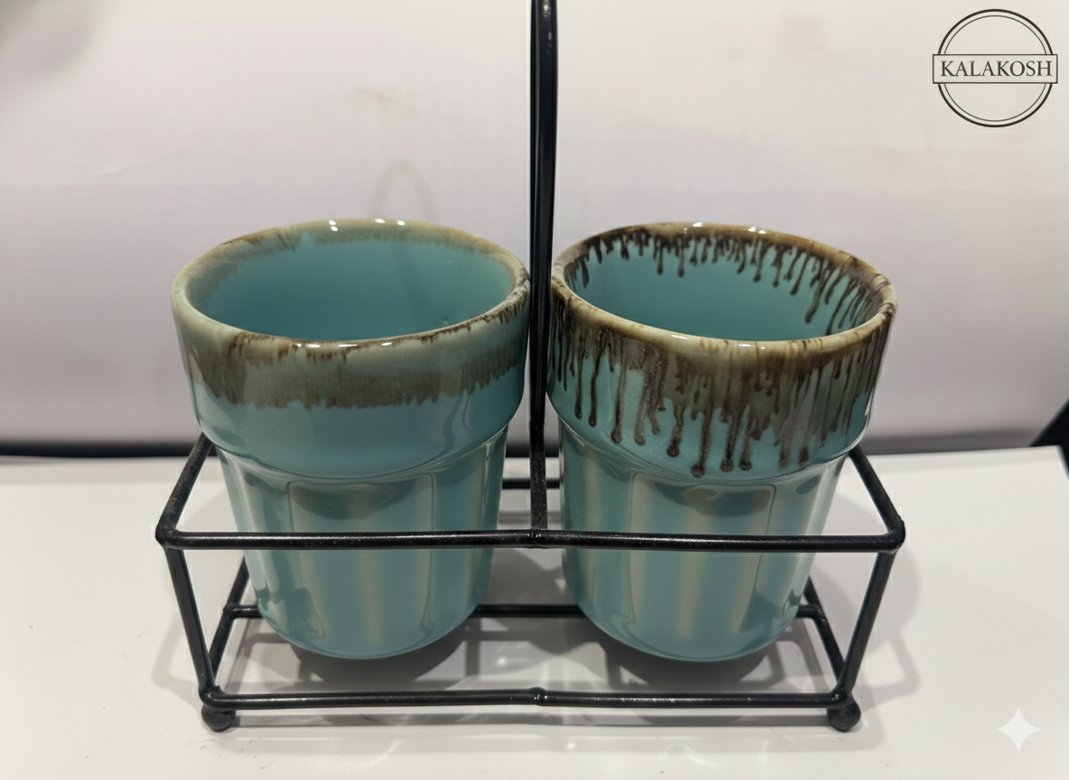 Premium Ceramic Tea & Coffee Cup Set of 2 with Metal Stand - Elegant Turquoise Drip Glaze Home Decor Cups for Kitchen, Office Use, and Gift - Handmade Studio Pottery Home Decor Vase Style Mugs