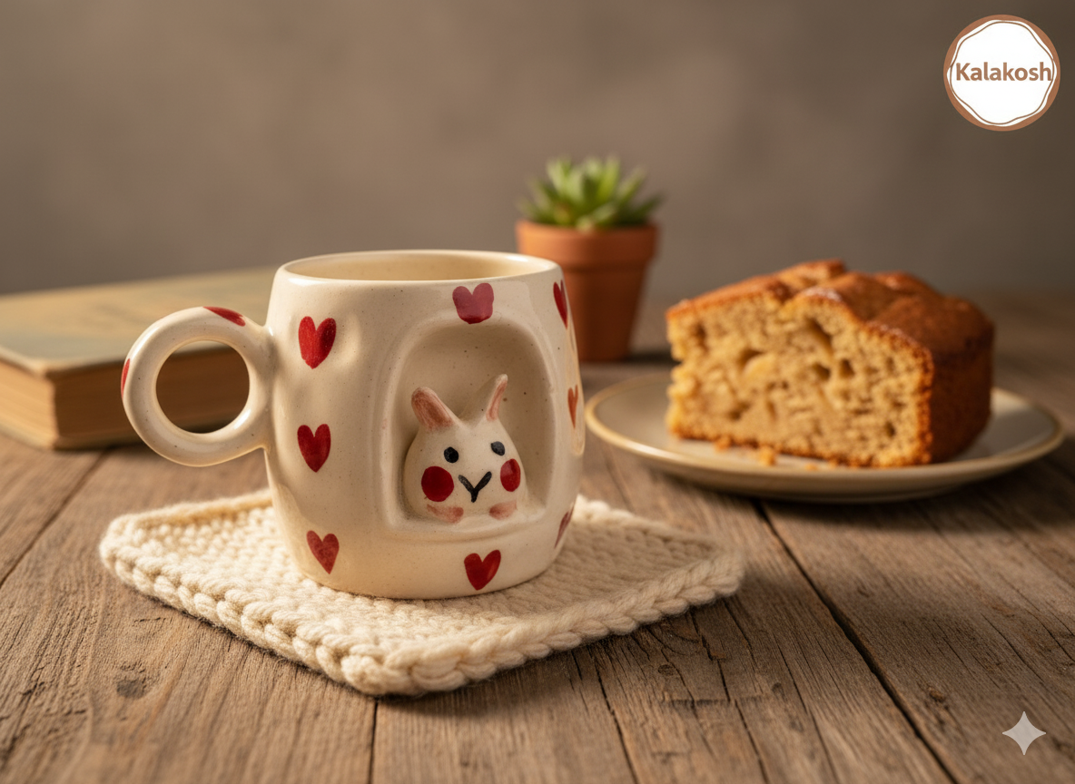 Handcrafted Ceramic Mugs for Home & Office Use | Eco-Friendly Clay Coffee & Tea Mug | Rustic Bunny Heart Design | Artisanal Gift for Loved Ones