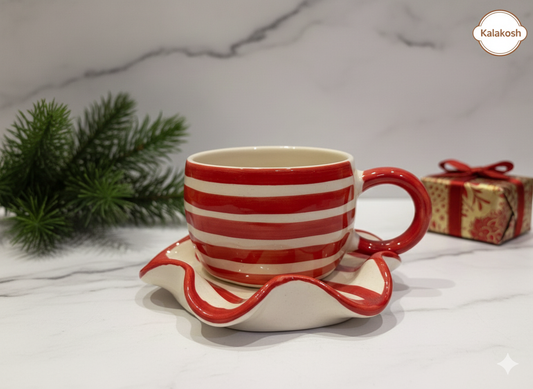 Premium Striped Ceramic Tea Cup and Ruffle Saucer Set | Home Decor Accent | Unique Clay Mug for Home Use Office Use | Festive Christmas Gift