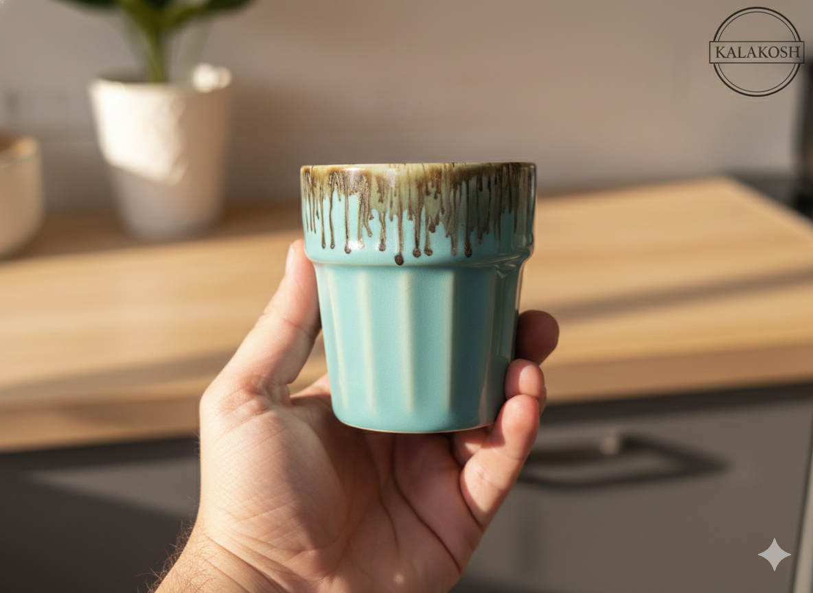 Premium Ceramic Tea & Coffee Cup Set of 2 with Metal Stand - Elegant Turquoise Drip Glaze Home Decor Cups for Kitchen, Office Use, and Gift - Handmade Studio Pottery Home Decor Vase Style Mugs
