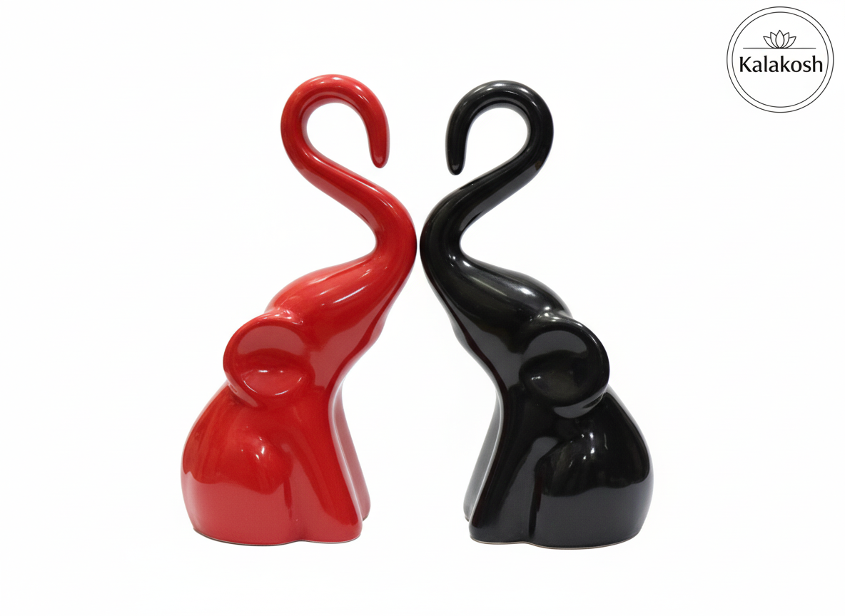 Artisanal Ceramic Elephant Planters Pair | Rustic Home Decor & Office Table Showpiece | Eco-Friendly Clay Figurine for Gifting | Black & Red