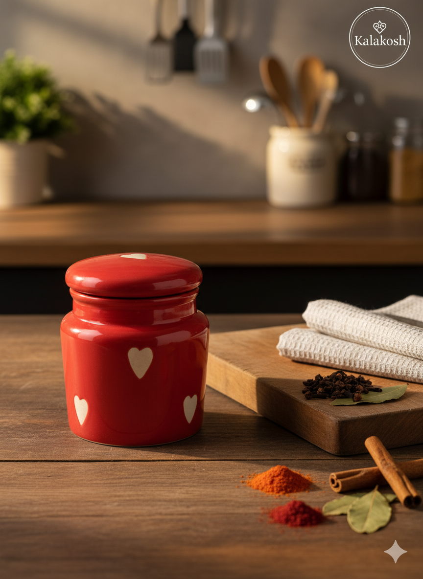 Red Ceramic Jar/Pickle Container with Heart Design | Airtight Kitchen Storage | Home Decor Vase | Office Use | Premium Gifting