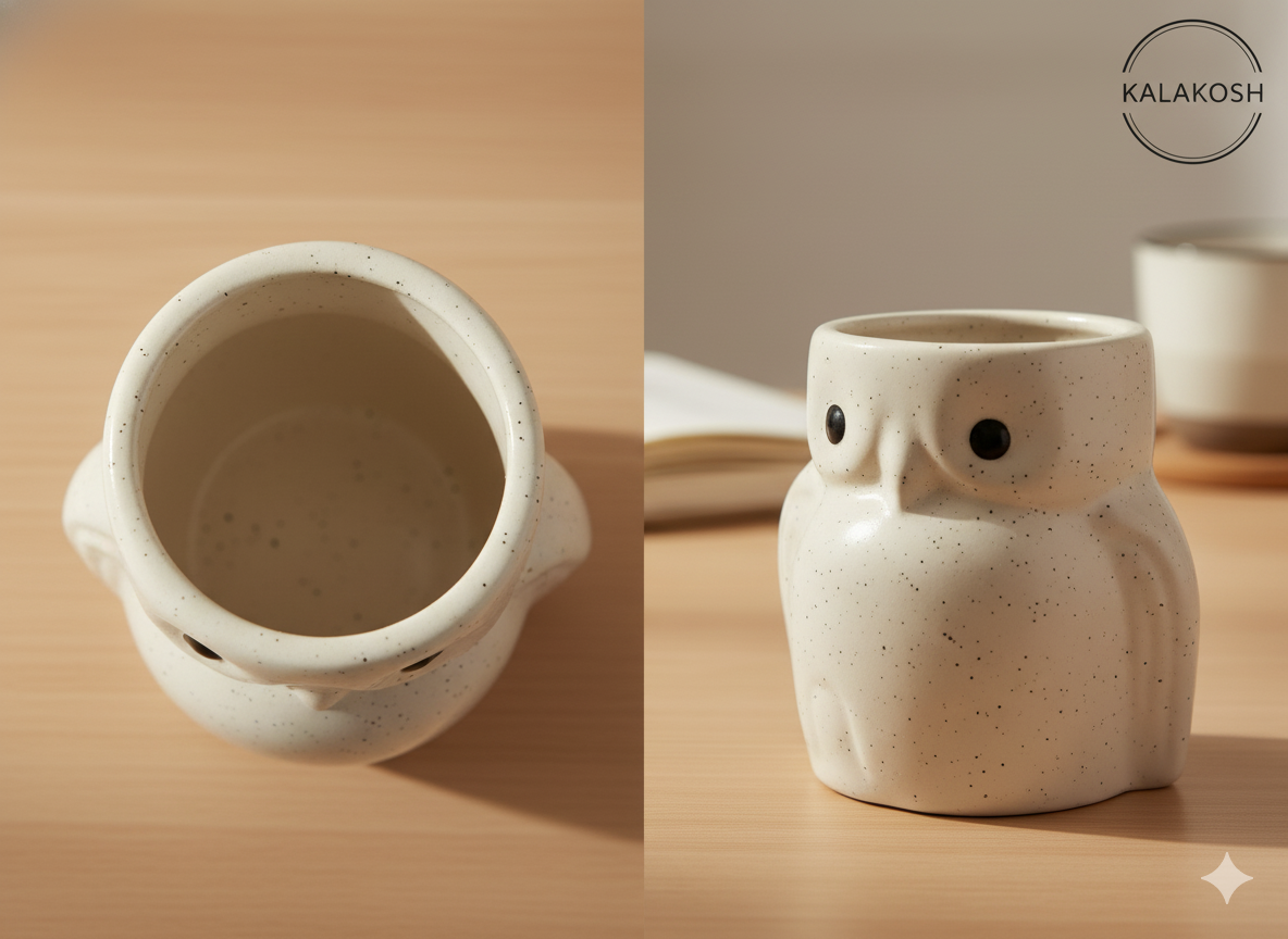 Handcrafted Owl Ceramic Planter & Pen Holder for Desk Décor | Speckled Clay Planters for Home Office | Artisan Eco-Friendly Succulent Pot Gift