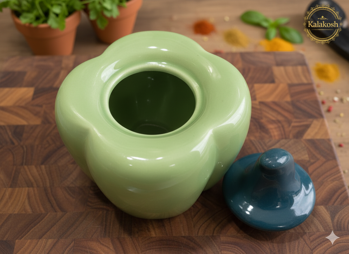 Premium Green Ceramic Pickle Jar Container with Lid | Unique Bell Pepper Shape | Multipurpose Kitchen Storage, Home Decor Vase, Office Use, Home Use | Ideal Gifting