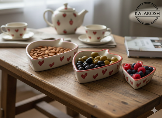 Premium Ceramic Strawberry Shaped Heart Bowls - Set of 3 Hand-Painted Decorative Serving Plates for Home Decor, Office & Kitchen Use | Aesthetic Gifting & Minimalist Tableware (Cream & Red)