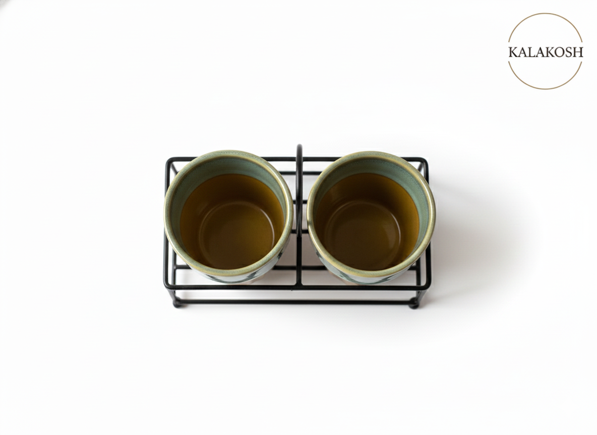 Premium Ceramic Cutting Chai & Coffee Cup Set with Metal Carrier Stand (Set of 2) – Handcrafted Dual-Tone Kullad Mugs for Home Decor, Kitchen, Office Use & Gifting – Elegant Home Decor Vase Style