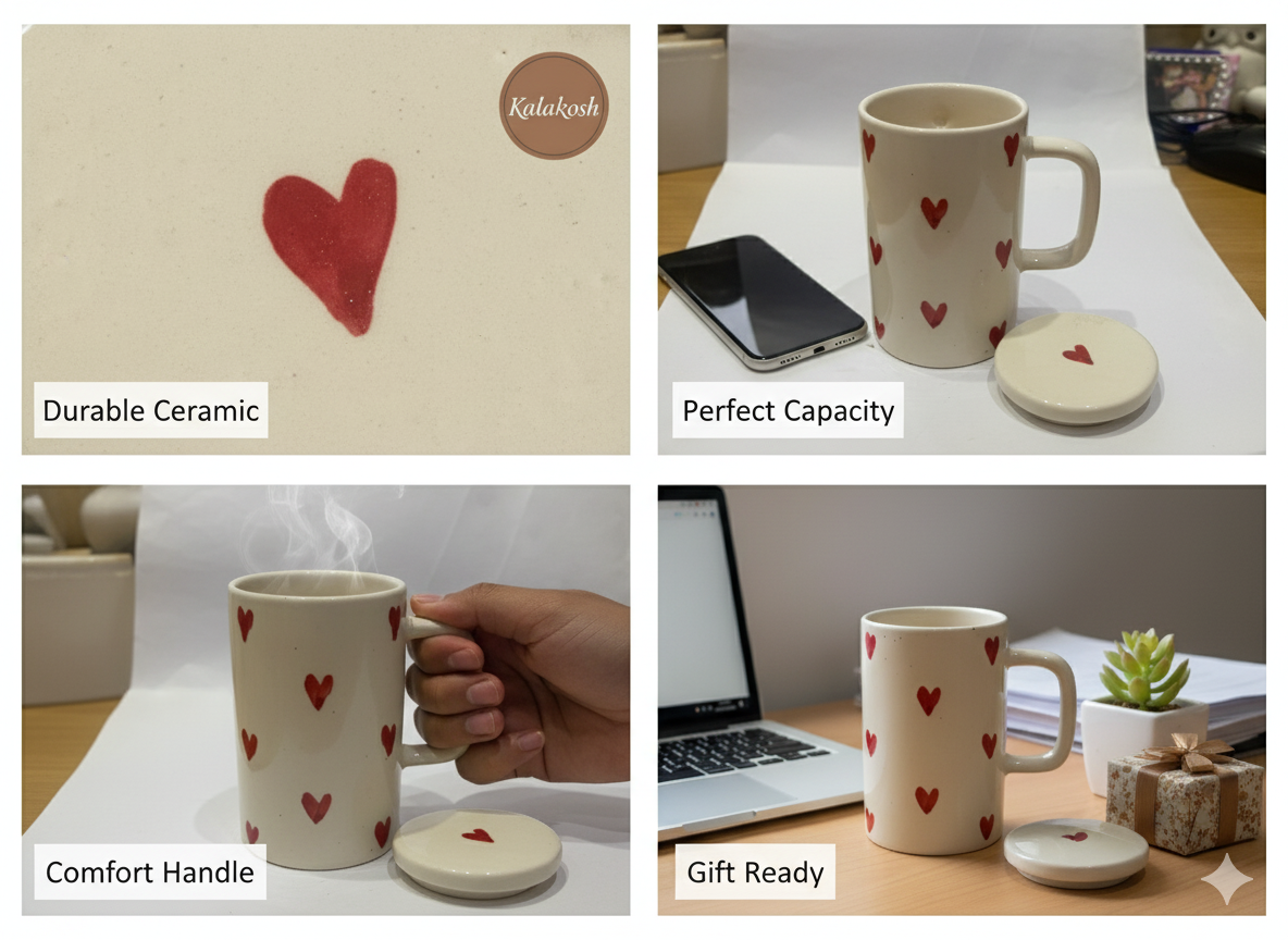 Handmade Ceramic Coffee Mug with Lid - Red Heart Pattern | Premium Tea Cup for Home Decor Office Use Gifting | Home Use Home Decor Vase Style