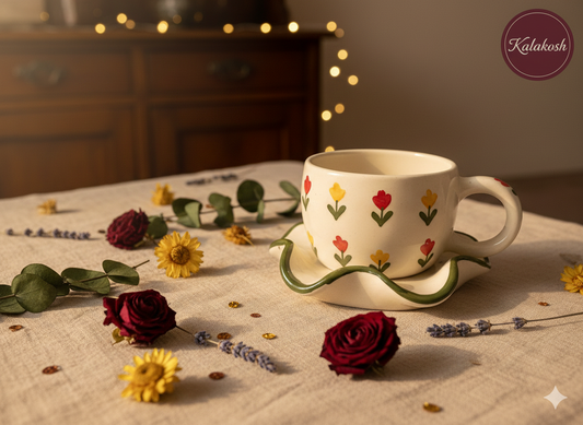 Hand-Painted Floral Ceramic Tea Cup & Ruffled Saucer Set | Aesthetic Coffee Mug for Home Decor, Office Use, Premium Gifting | Clay Terracotta Style