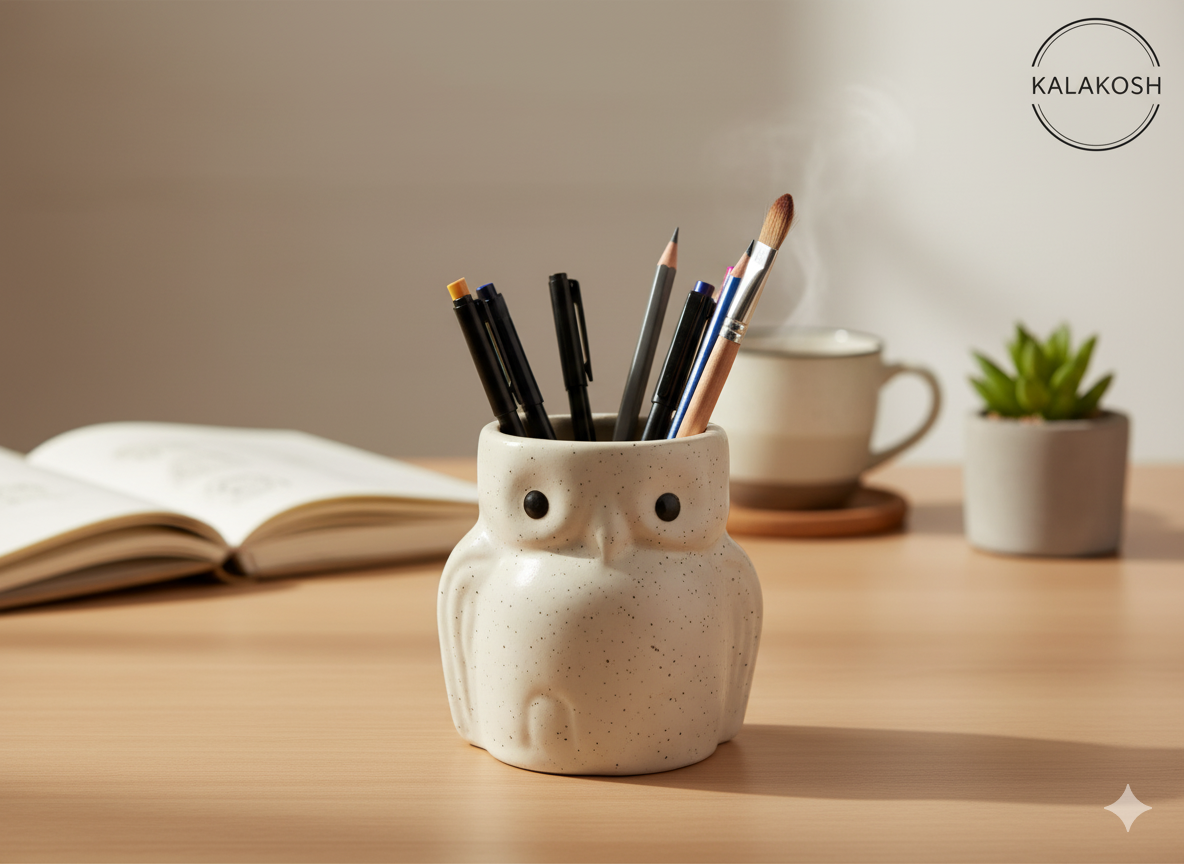 Handcrafted Owl Ceramic Planter & Pen Holder for Desk Décor | Speckled Clay Planters for Home Office | Artisan Eco-Friendly Succulent Pot Gift