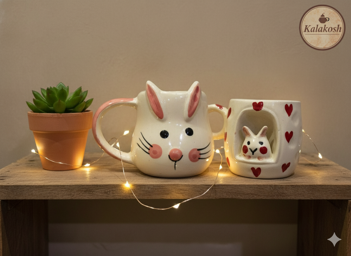 Kawaii Ceramic Coffee Mug Set for Home Decor, Office Use, & Gifting | Cute Bunny & Mushroom Tea Cups Combo | Premium Aesthetic Home Use