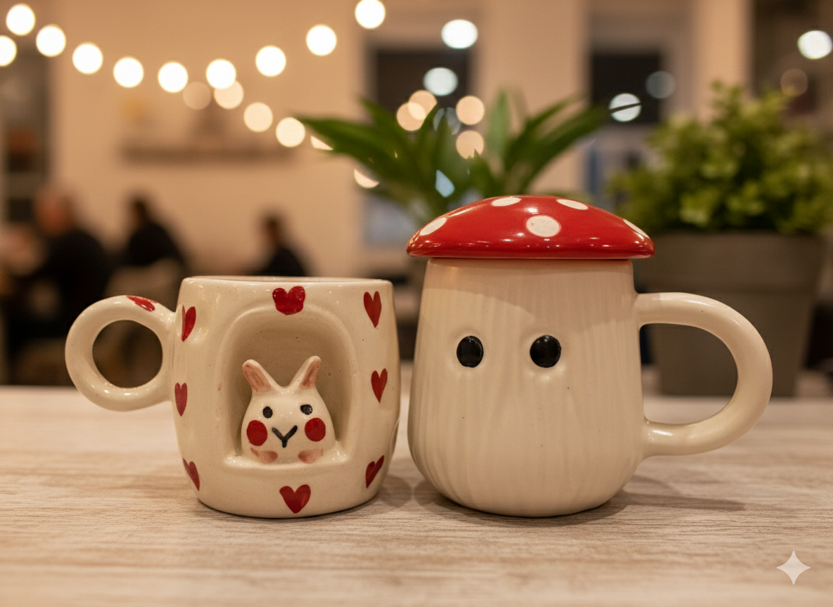 Whimsical Ceramic Coffee/Tea Mug Set Combo - 2 Cute Mugs with Lid | Kawaii Bunny & Mushroom Design | Home Decor, Office Use, Unique Gifting Item