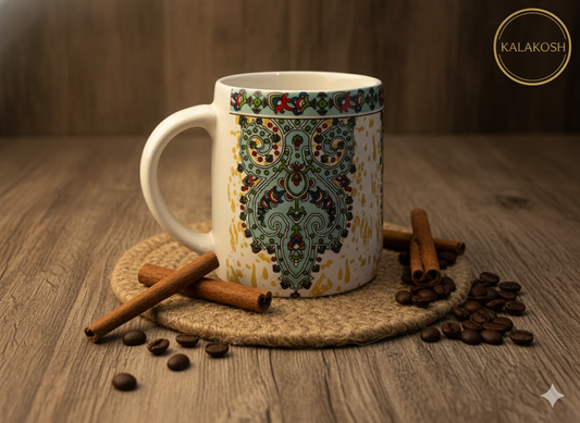 Premium Ceramic Coffee Mug with Turkish Iznik Art Design – 350ml Tea Cup for Home Decor, Office Use & Gifting – Elegant Home Decor Vase Style Drinkware for Hot/Cold Beverages (White & Turquoise)