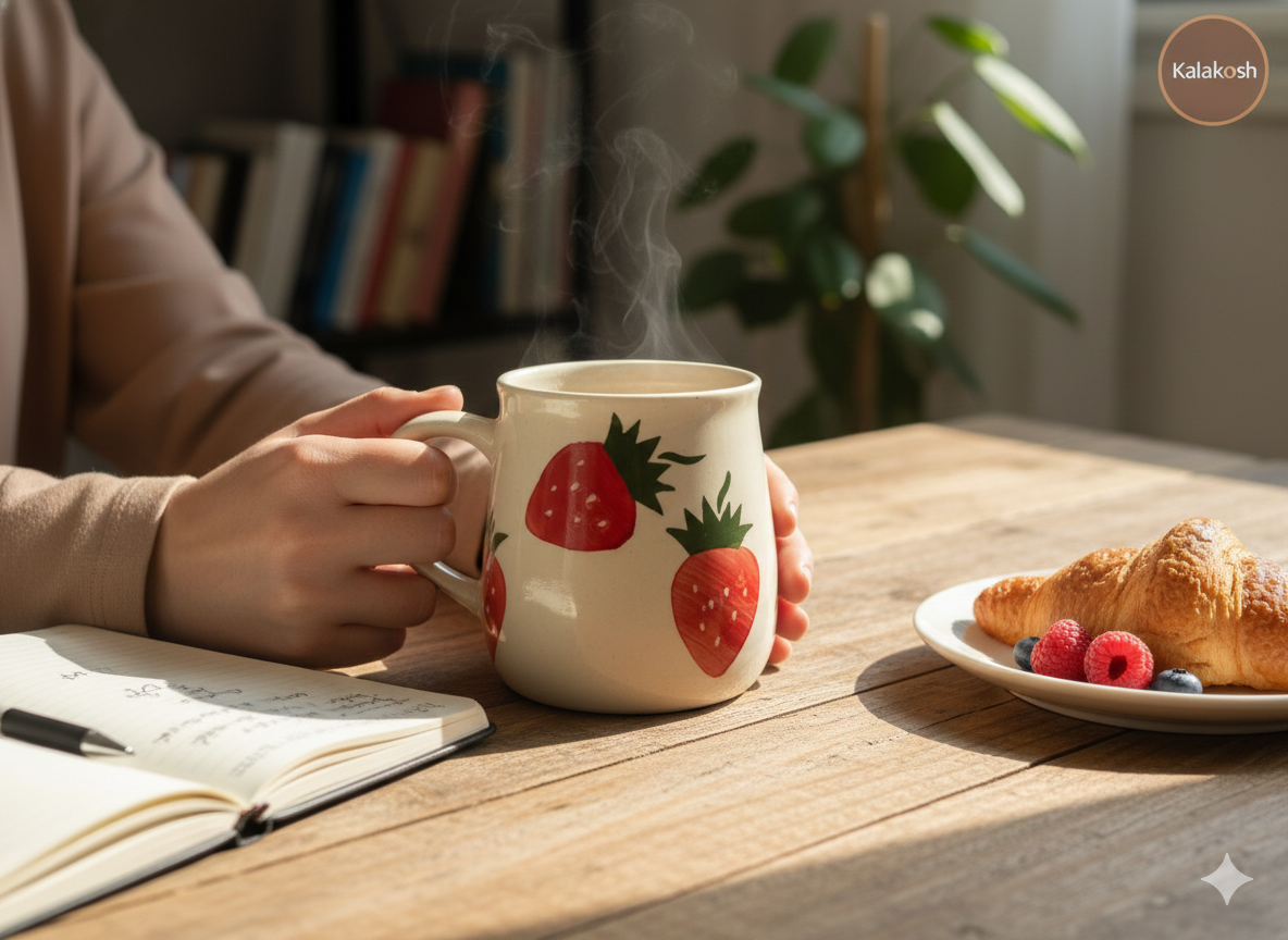 Hand-Painted Strawberry Ceramic Mug Set | Tea Coffee Milk Office Home Decor Use | Artistic Clay Stoneware Kitchen Home Use Gift for Her Him