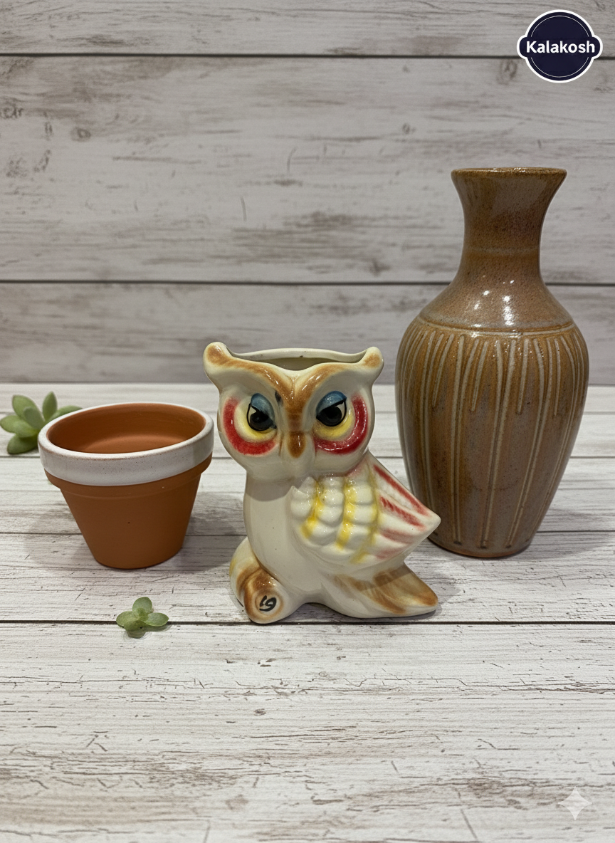Artisanal Ceramic Owl Shape Planter  | Handcrafted Clay Home Decor Office Desk Flower Pot | Rustic Eco-Friendly Gift for Succulents & Small Plants