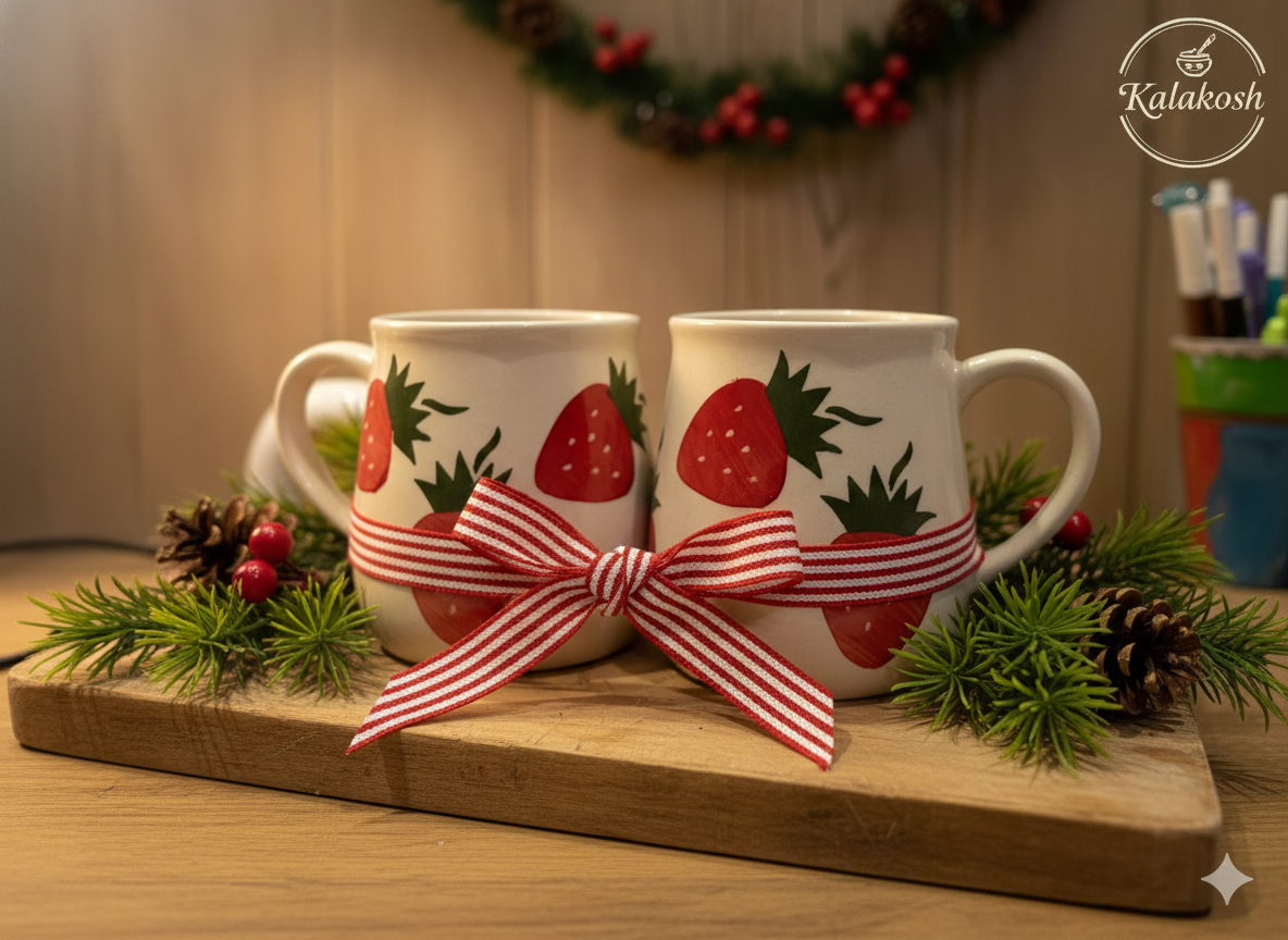 Hand-Painted Strawberry Ceramic Mug Set | Tea Coffee Milk Office Home Decor Use | Artistic Clay Stoneware Kitchen Home Use Gift for Her Him