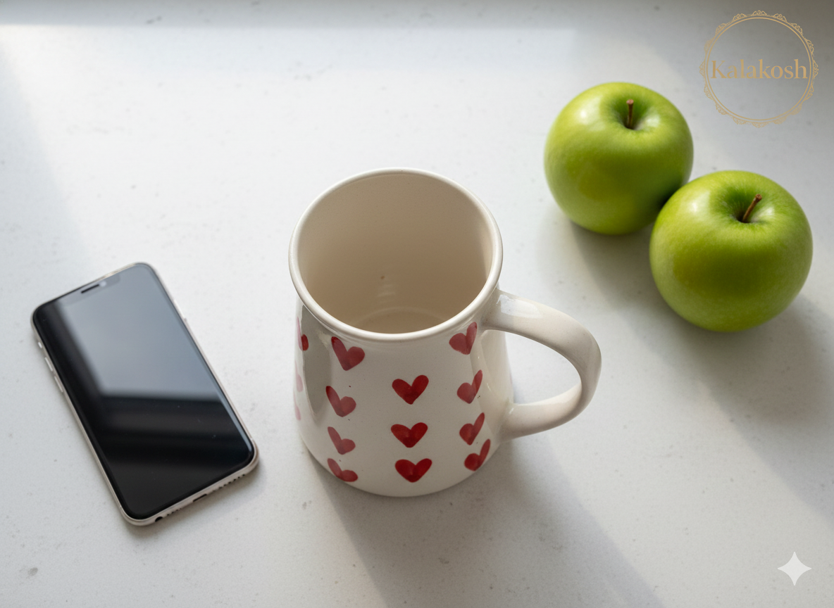 Handmade Ceramic Coffee Tea Mug – Home Decor Vase & Office Use Cup – Premium Earthenware with Red Hearts Pattern – Perfect Gift for Women & Valentine's Day