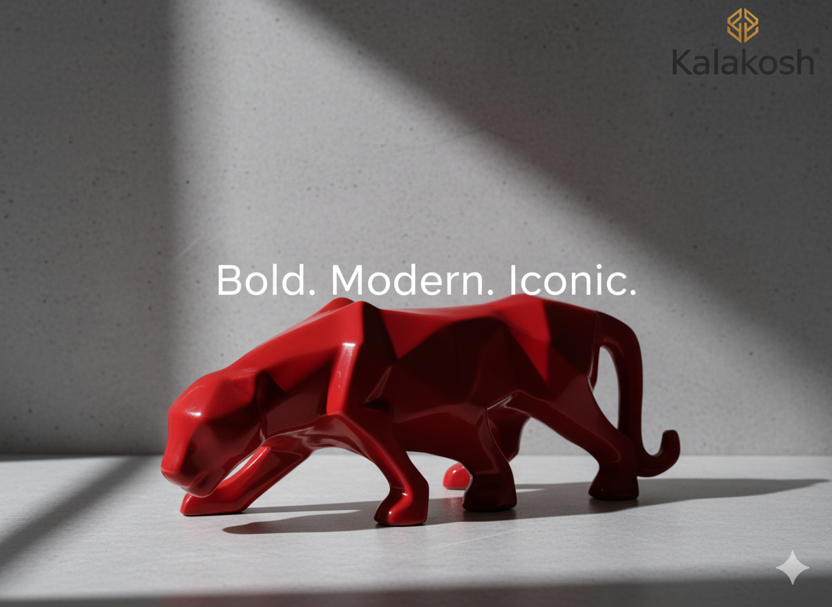 Geometric Panther Statue | Red Glossy Polyresin/Ceramic Showpiece | Modern Luxury Home Decor Accent | Ideal Gifting for Office Desk Living Room