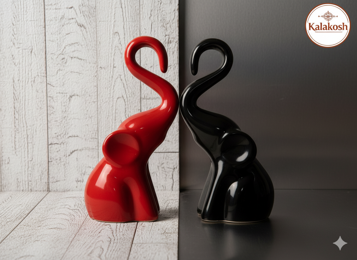 Artisanal Ceramic Elephant Planters Pair | Rustic Home Decor & Office Table Showpiece | Eco-Friendly Clay Figurine for Gifting | Black & Red