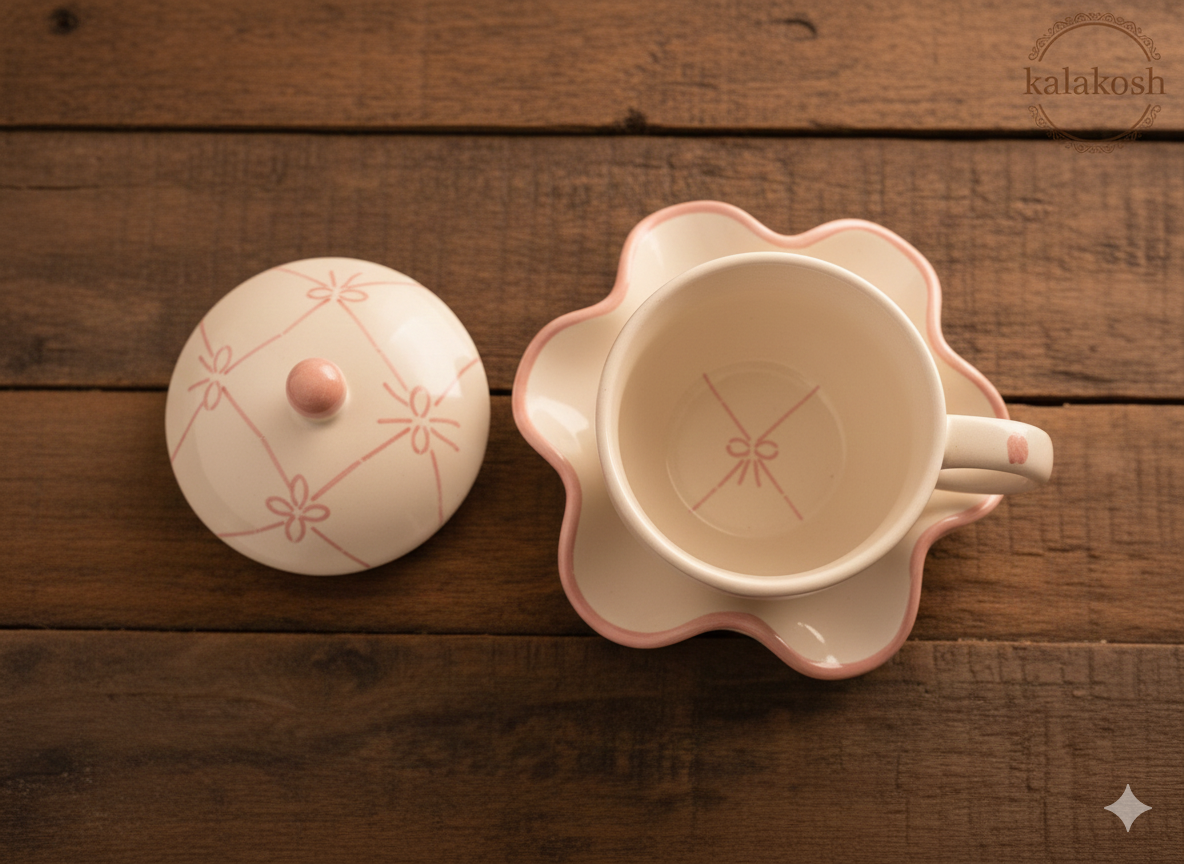 Handcrafted Ceramic Tea Cup and Saucer Set | Home Decor | Coffee Mug Combo for Home & Office Use | Unique Ribbon Design Gifting