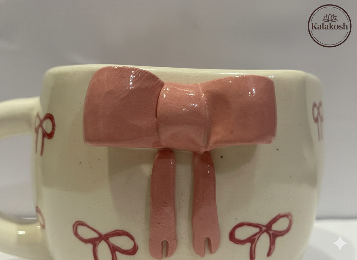 Premium Ceramic Coffee Mug with 3D Pink Bow Design – Aesthetic Tea Cup for Home Decor Vase Use, Office Use & Gifting – Cute Hand-Painted Stoneware Drinkware for Living Room & Kitchen Decor