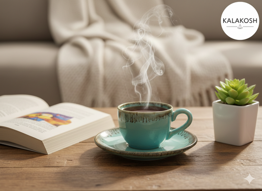 Kalakosh Handcrafted Ceramic Tea and Coffee Cup with Saucer Set – 180ml Turquoise Blue Glazed Mug for Home Decor, Office Use & Gifting – Premium Studio Pottery Drinkware (Single Set)