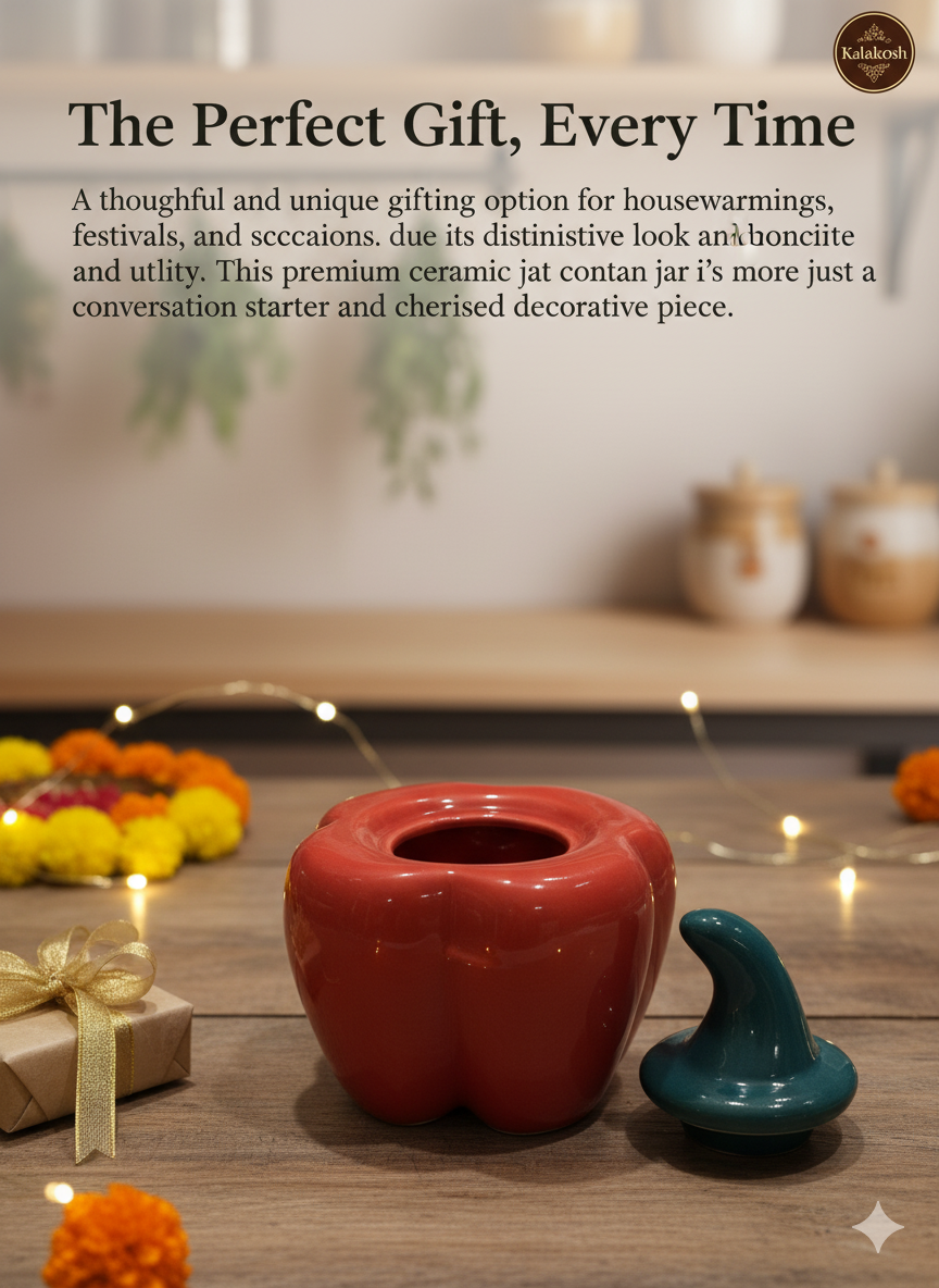 Premium Ceramic Red Bell Pepper Pickle Jar with Lid | Multipurpose Home Décor Vase Office Use Container Storage Decorative Gift