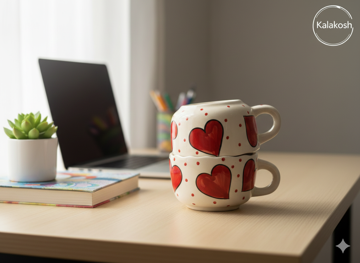 Stackable Ceramic Coffee/Tea Mug Combo Set of 2 | Hand-Painted Red Hearts | Premium Kitchenware | Home Decor Office Use Gifting
