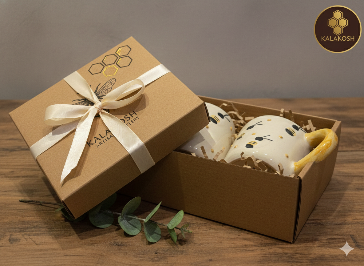 Handcrafted Ceramic Coffee Tea Mugs Set of 2 | Bee Design | Premium Pottery for Home Decor & Office Use | Unique Gifting