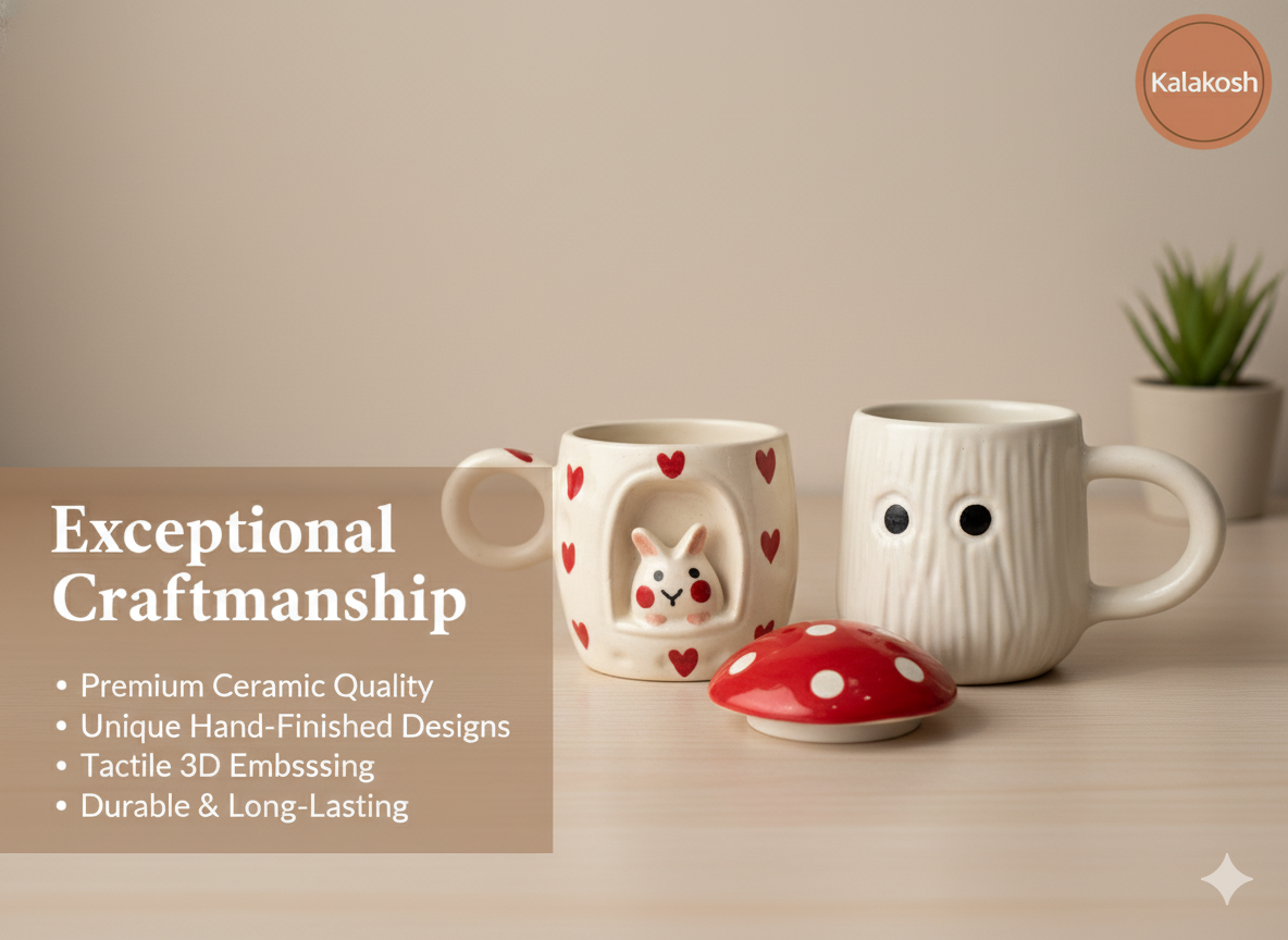 Whimsical Ceramic Coffee/Tea Mug Set Combo - 2 Cute Mugs with Lid | Kawaii Bunny & Mushroom Design | Home Decor, Office Use, Unique Gifting Item