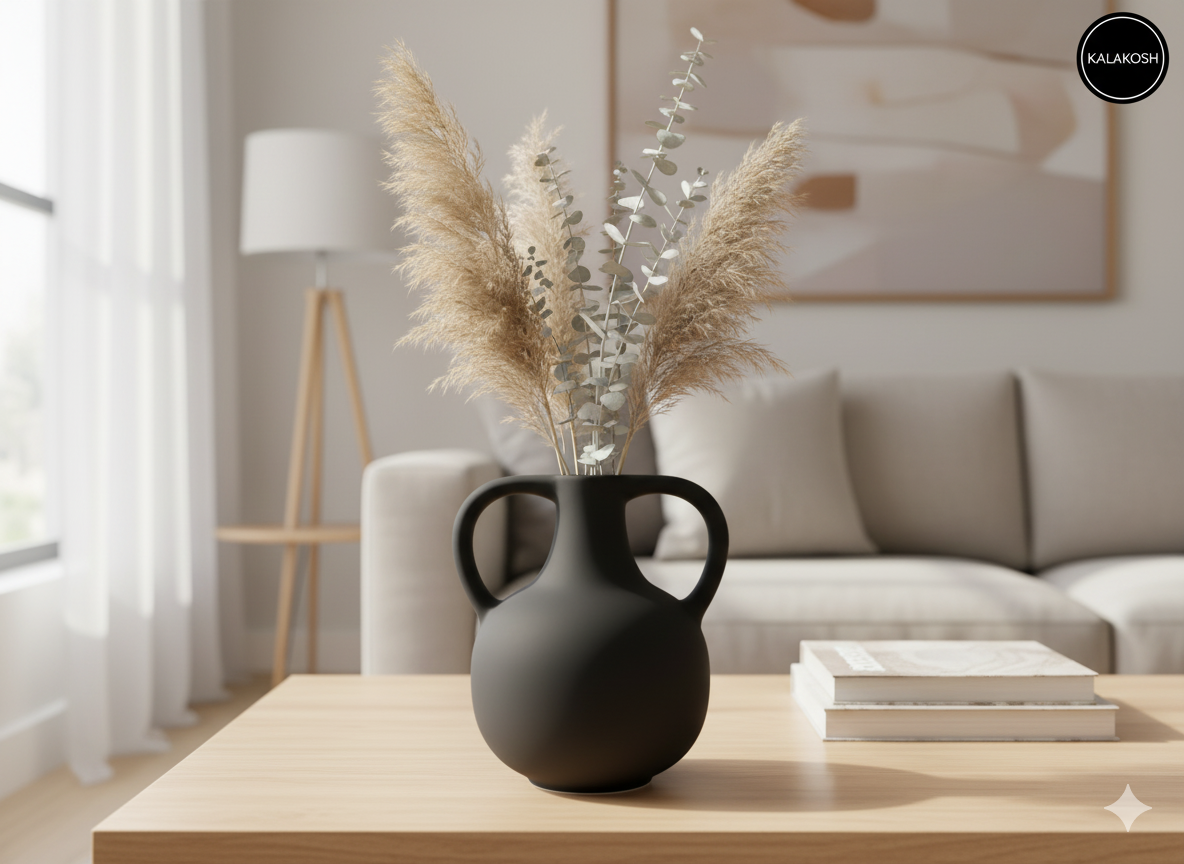 Premium Matte Black Double Handle Bottle Vase Planter | Modern Home Décor | Office Use, Living Room Accent, Clay Terracotta