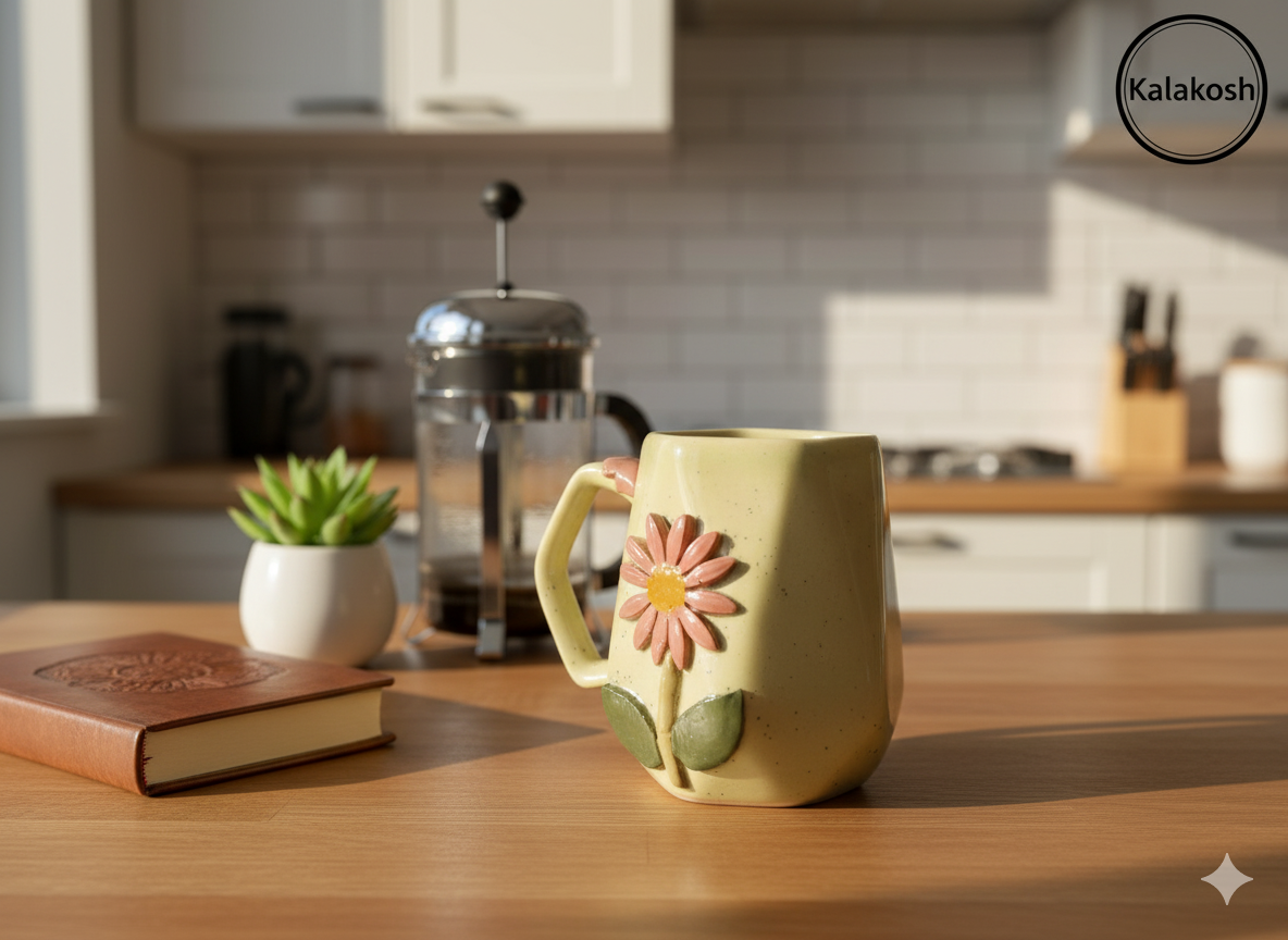 Handcrafted Floral Ceramic Coffee Mug | Home Decor Vase | Office Use Tea Cup | Premium Artisan Glaze for Home Use & Gifting