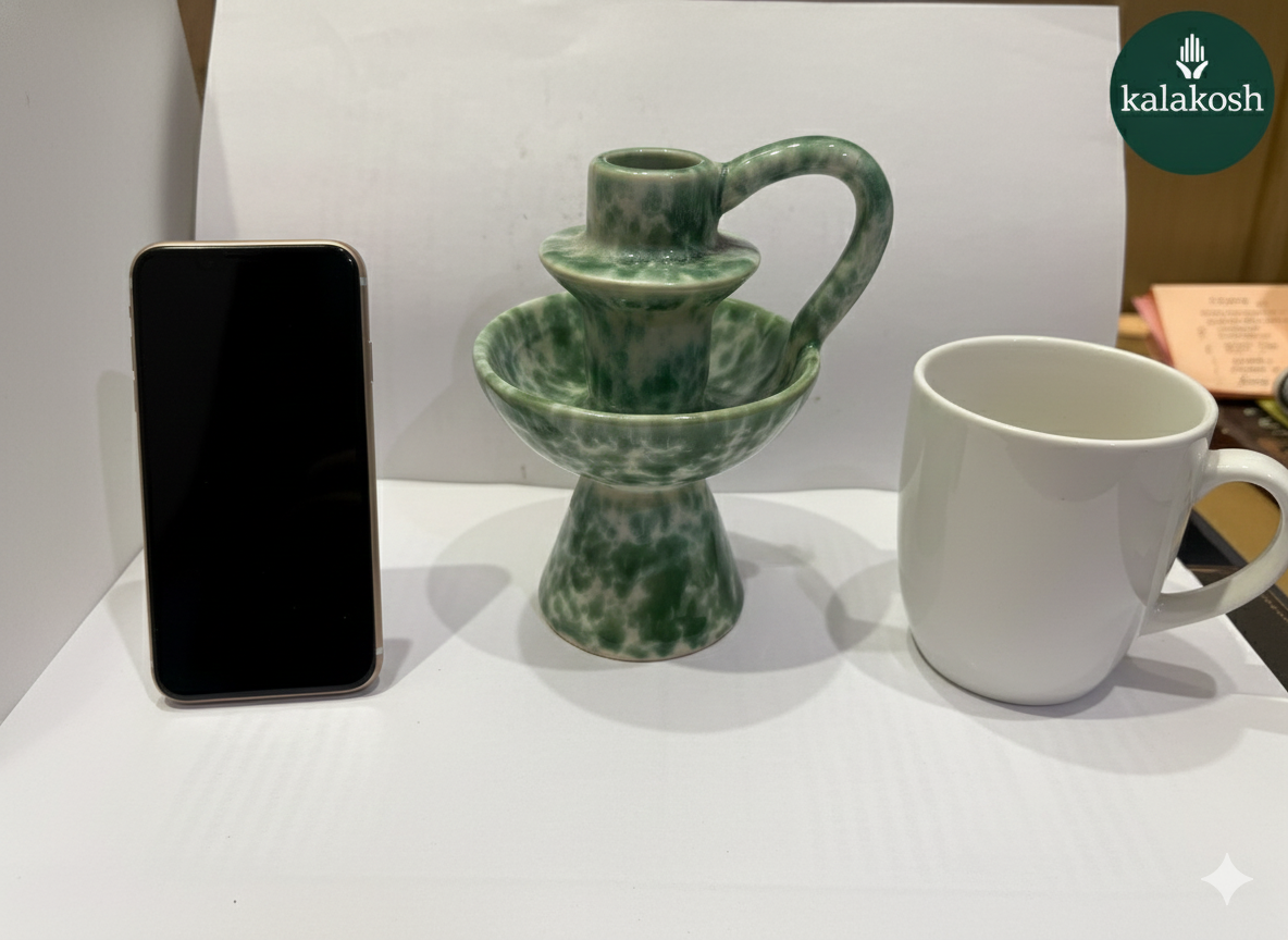 Premium Handcrafted Ceramic Candle Stand for Home Decor – Elegant Green Sponge Glazed Chamberstick with Handle for Living Room, Office Use, Festive Gifting & Aesthetic Home Decor Vase Accessory