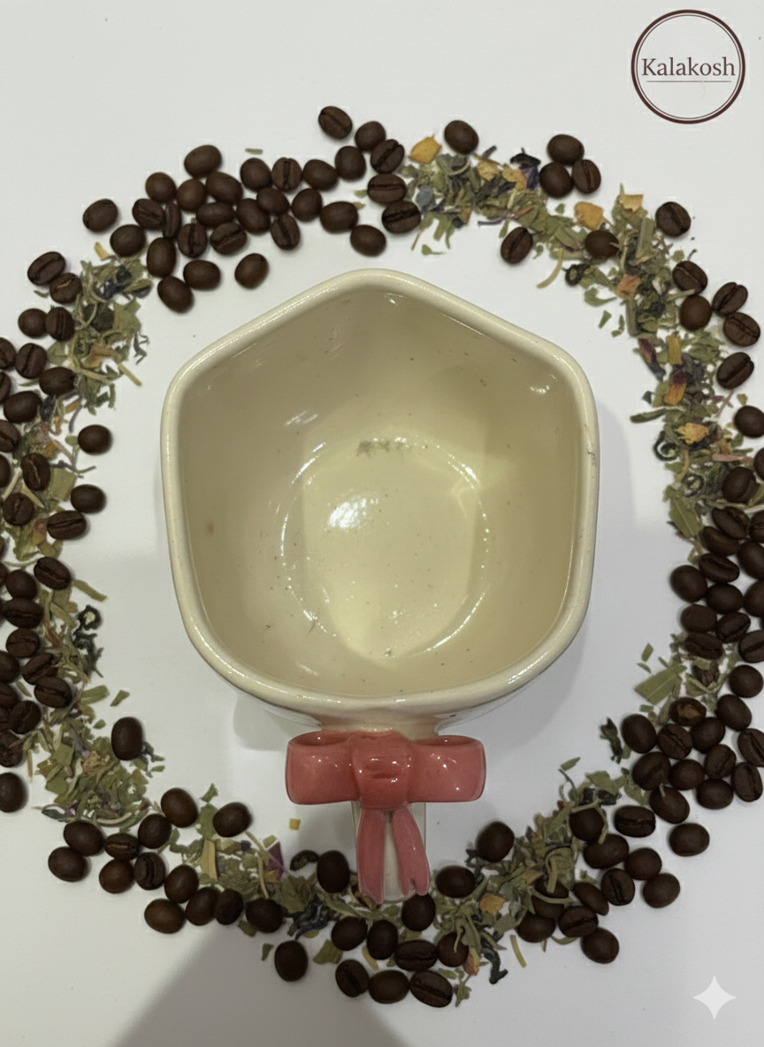 Premium Handcrafted Ceramic Tea and Coffee Cup Set of 2 | 3D Bow Handle Coquette Aesthetic Mug for Home Decor, Office Use & Gifting | Elegant White & Pink Home Decor Vase Style Cup (300ml)