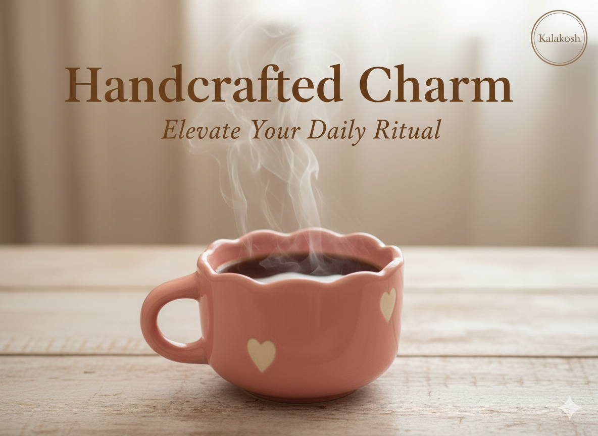 Handcrafted Pink Ceramic Coffee Mugs (Set of 1) with Heart Design | Eco-Friendly Clay Mugs for Home & Office Use | Rustic Artisanal Tea