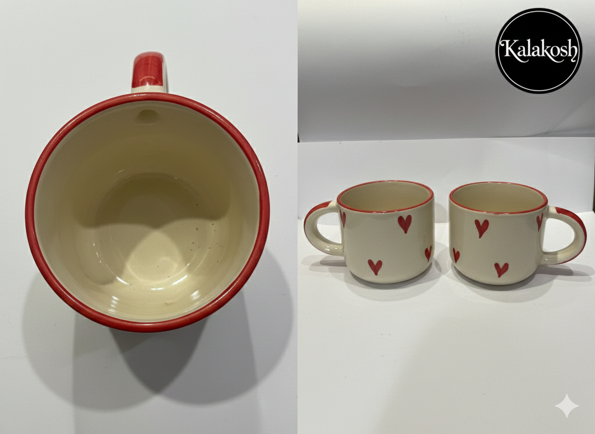Hand-Painted Heart Ceramic Coffee/Tea Mug Set of 2 | Aesthetic Home Decor Office Use Kitchenware | Premium Gifting Combo