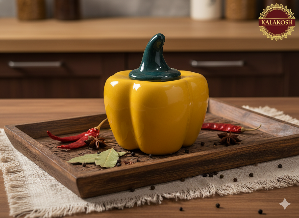 Artisan Ceramic Pickle Jar Container with Lid | Home Decor Vase | Stylish Kitchen Storage | Office Use Accent | Yellow Pepper Design | Gifting