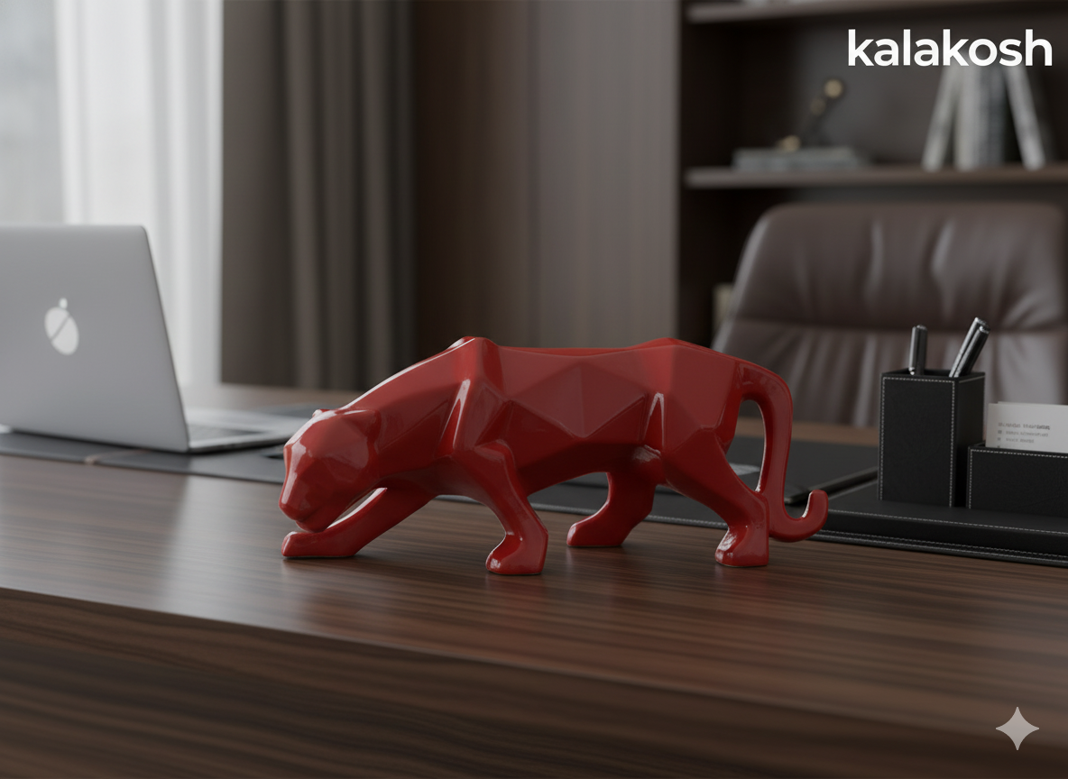 Geometric Panther Statue | Red Glossy Polyresin/Ceramic Showpiece | Modern Luxury Home Decor Accent | Ideal Gifting for Office Desk Living Room